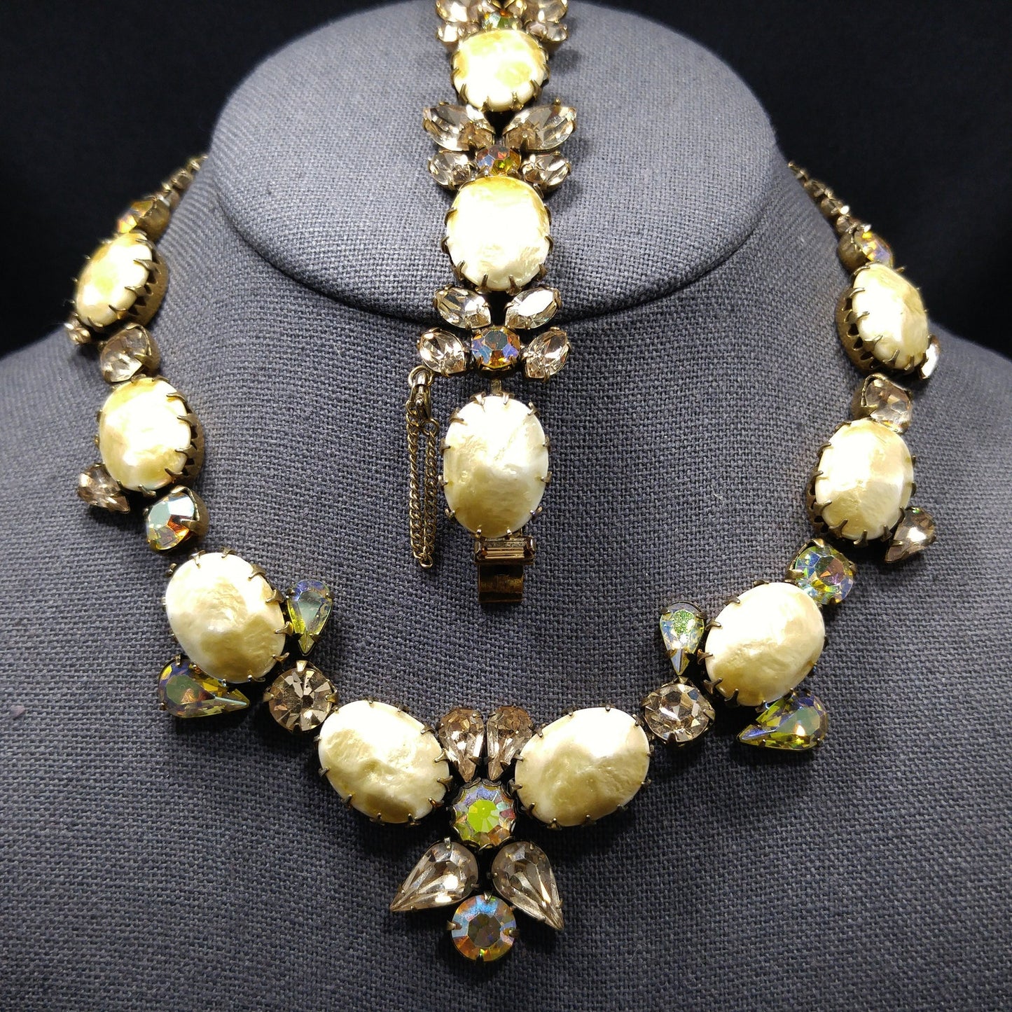 Regency Baroque Pearl Necklace Bracelet Set, Light Topaz AB Rhinestones, 1950s Vintage Jewelry