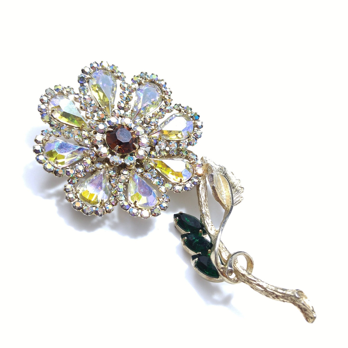 Weiss 1960s Aurora Borealis Rhinestone Flower Brooch with Green Leaves – Gold Plated