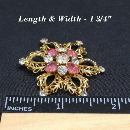 Scitarelli Mid-century Pink Clear Rhinestone Floral Brooch Pendant, 1950s Vintage Jewelry