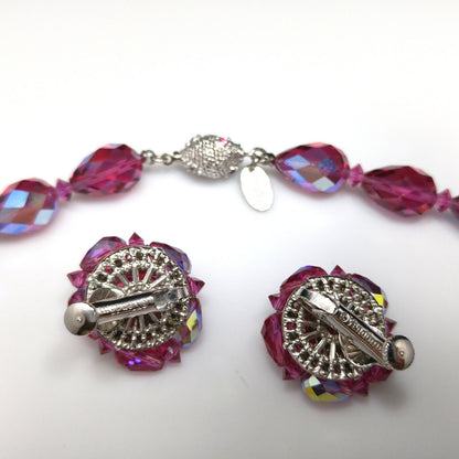 Vendome Hot Pink Crystal Necklace & Clip Earrings Set 1960s AB Teardrop Beads
