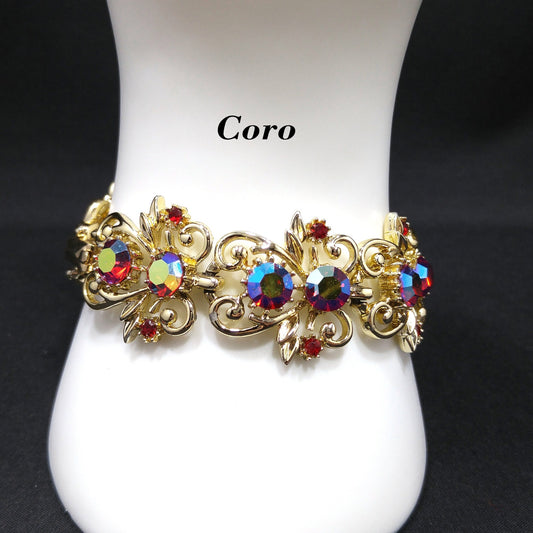 Coro Red Rhinestone Wide Bracelet, Aurora Borealis, 1960s Vintage Jewelry