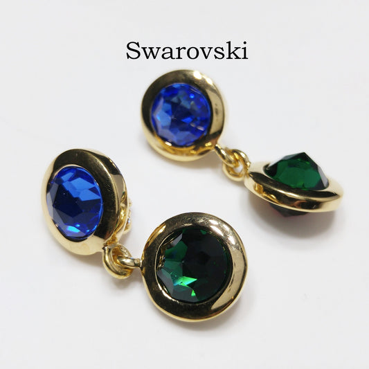 Swarovski Gold Plated Drop Earrings, Blue Green Purple Crystals, Vintage 1990s Swan Logo