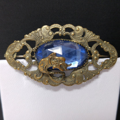 Antique Dragon Overlay Blue Glass Brooch, Edwardian Ornate Pin, 1910s Vintage Jewelry