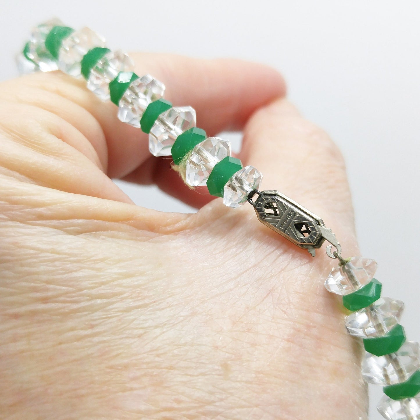 Art Deco 1920s Clear Quartz Green Glass Bead Necklace 14K Gold Filled Clasp