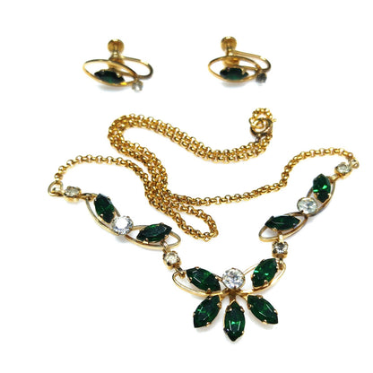 Van Dell Green Clear Rhinestone Necklace Earrings Set, 12K Gold Filled, 1940s Vintage Jewelry