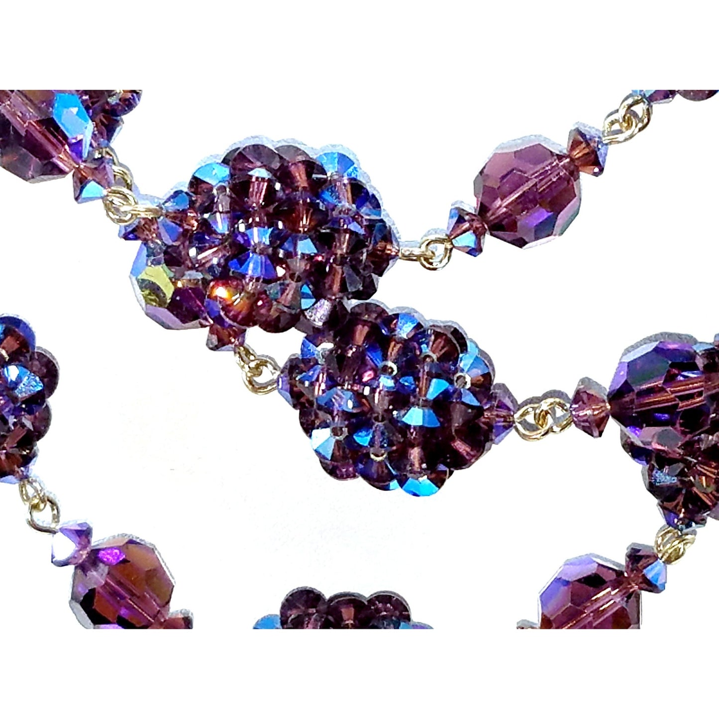 Vintage Made in France Purple AB Crystal Necklace Earrings Set 1950s Demi Parure