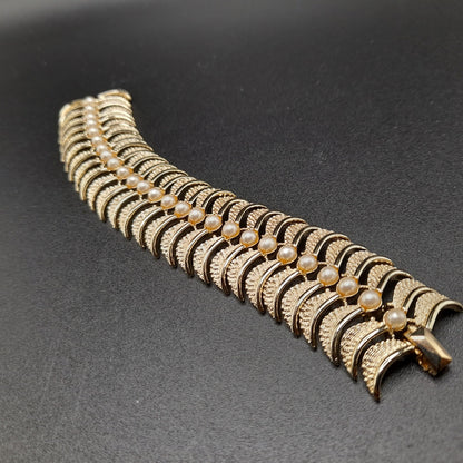 Vintage Kramer Wide Bracelet, Faux Pearls, Gold Plated, 1960s Jewelry