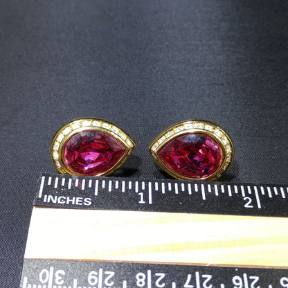 Vintage Swarovski Pink Teardrop Crystal Earrings 1990s Gold Swan Logo Signed