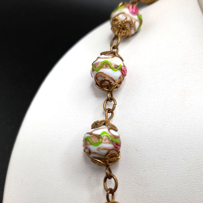 Vintage Italian Wedding Cake Bead Necklace Earrings Set, Venetian Lamp-work, 1940s Jewelry