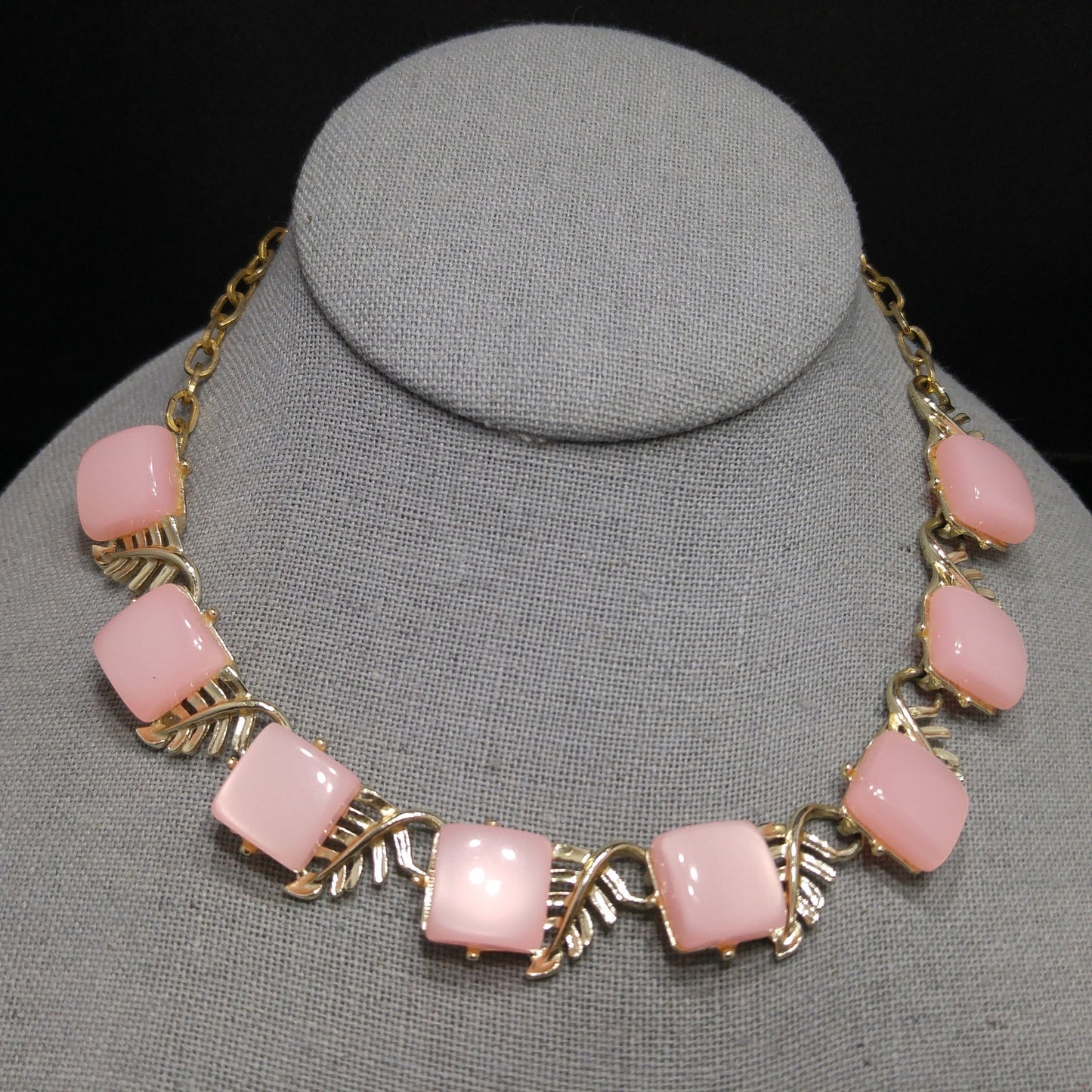 Mid-Century Pink Moonglow Choker Necklace, Lucite Squares, 1950s Vintage Jewelry