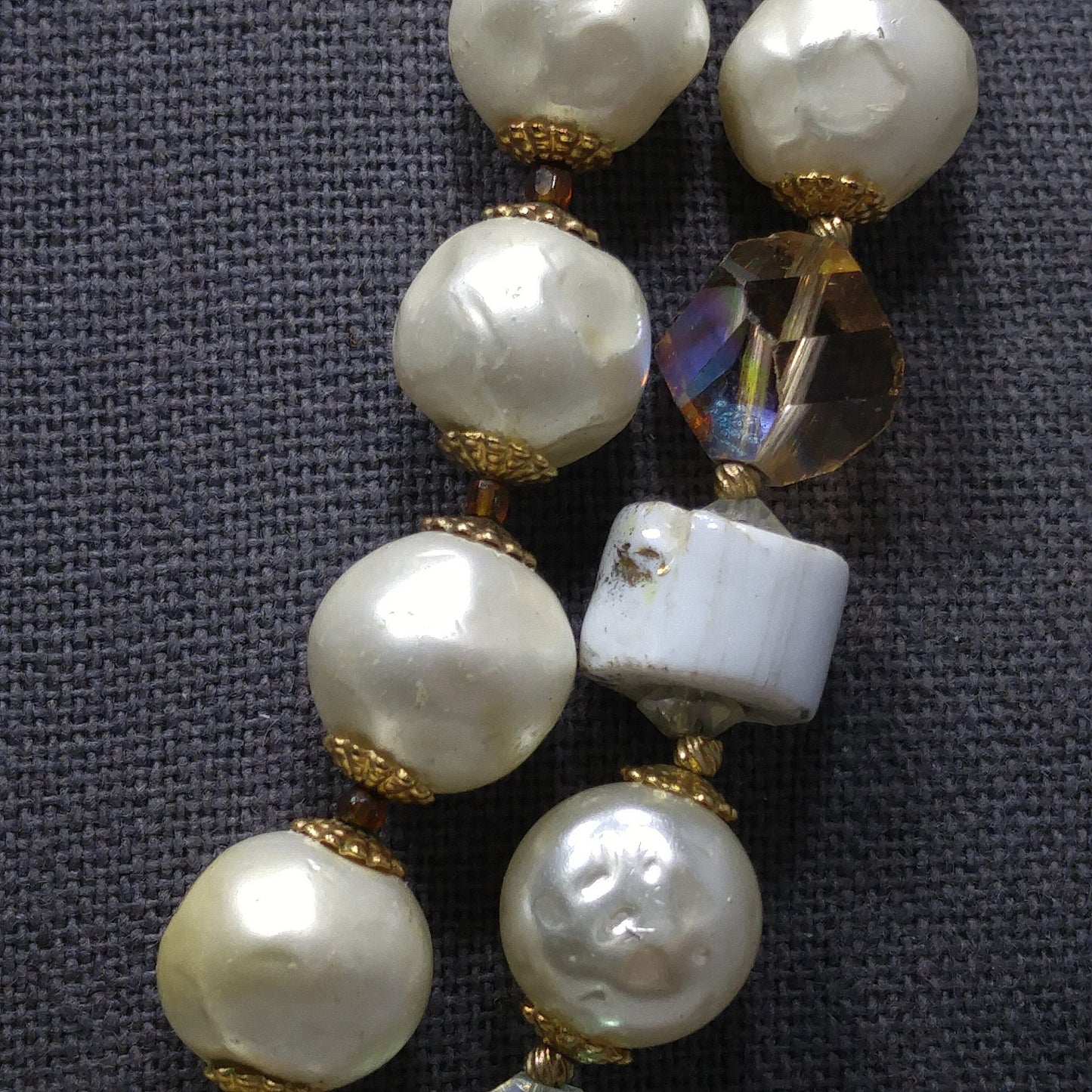 Vintage 1950s Faux Pearl Crystal Necklace Aurora Borealis Double Strand