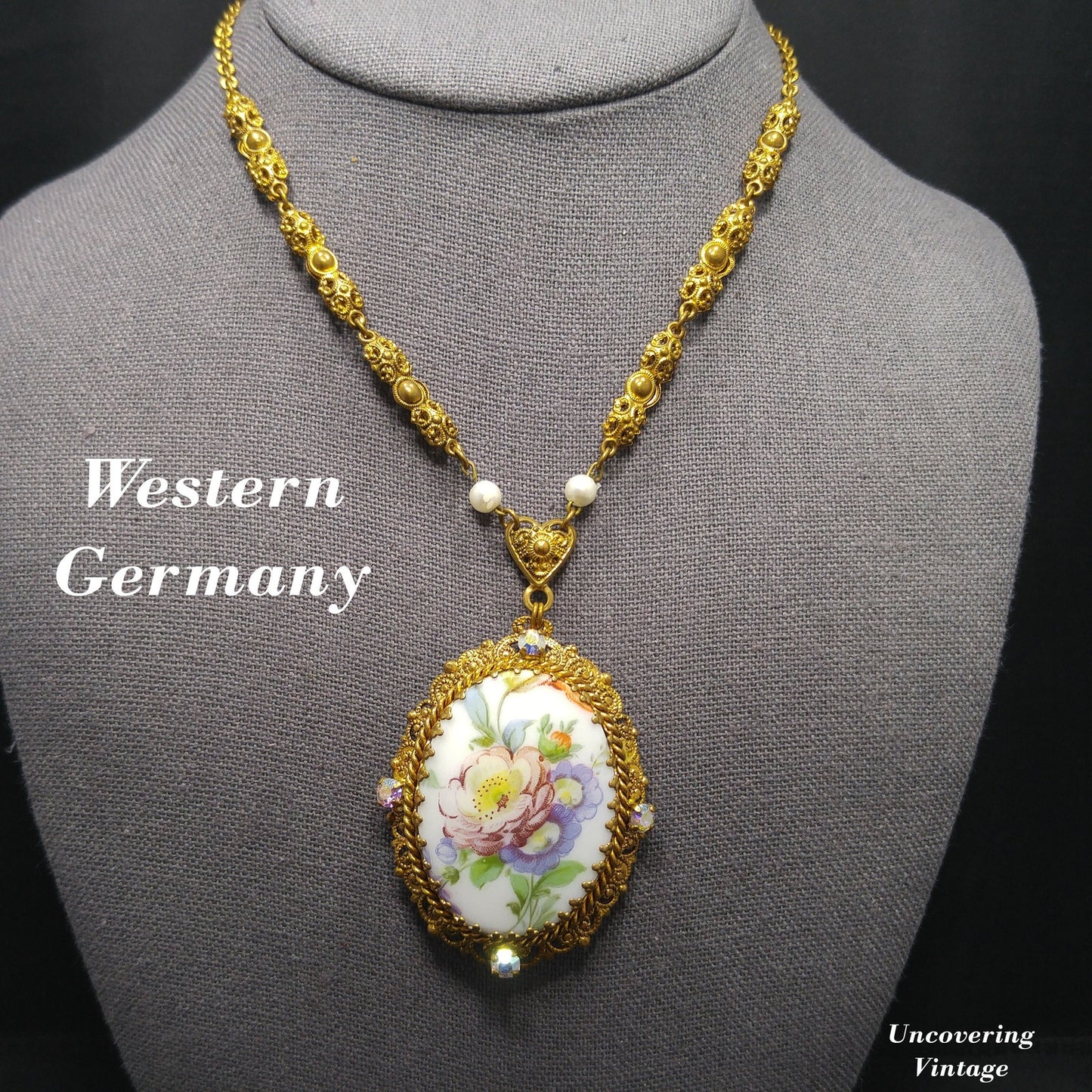 Western Germany Purple Floral Pendant Necklace, Filigree Rhinestones Faux Pearls, 1950s Vintage Jewelry