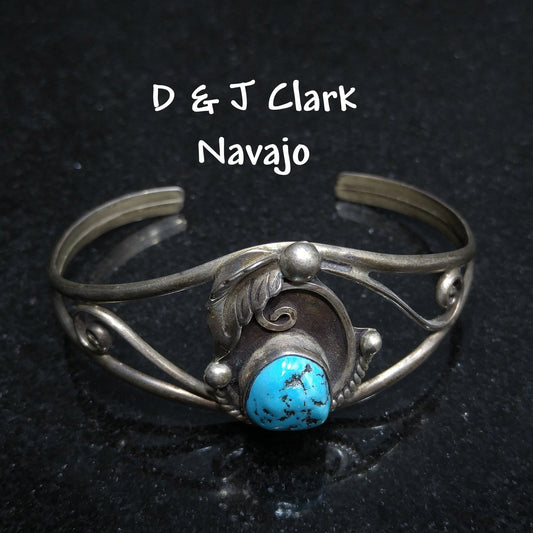 D & J Clark Navajo Bracelet, Silver Turquoise Cuff, 1960s Vintage Jewelry