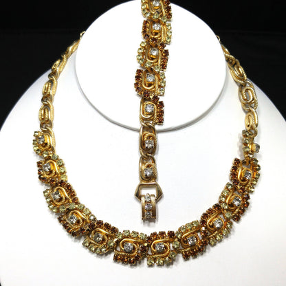 Hobe' Topaz Lt. Green Clear Rhinestone Necklace Bracelet Set, Gold Plated, 1960s Vintage Jewelry