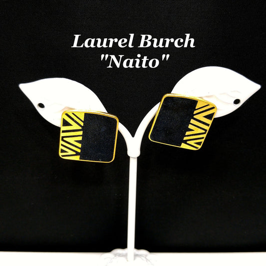 Laurel Burch "Naito" Post Earrings, Black Cloisonné, Gold Plated, 1980s Vintage