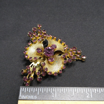 Purple Rhinestone Flower Brooch, Gold Plated, 1950s Vintage Jewelry