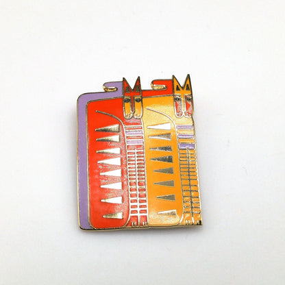 Laurel Burch "Egypticat" Brooch, Cloisonne Gold Plated, Yellow Orange Enamel Cats, 1980s Vintage Jewelry
