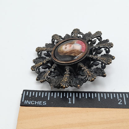 Antique Edwardian Portrait Brooch, C Clasp, Brass Filigree, Early 1900s