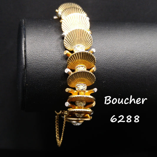 Boucher Deco Fan Bracelet, Clear Rhinestones, Overlapping Links, 1960s Vintage Jewelry