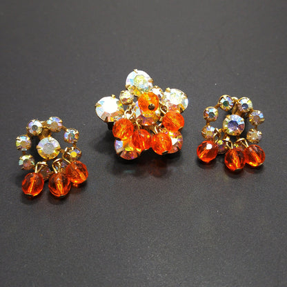 Small Aurora Borealis Brooch & Matching Earrings, Tangerine Orange Dangles, 1950