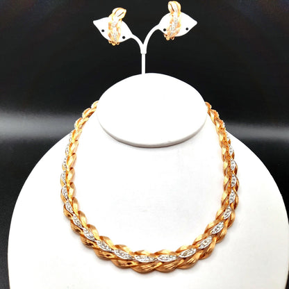 Vintage Clear Rhinestone Gold Tone Necklace Earrings Set, 1960s Vintage Jewelry