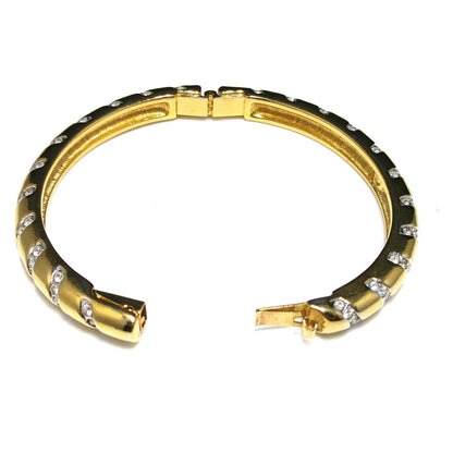 Swarovski Swan Logo Bracelet, Gold Plated Hinged Bangle, Clear Pave Rhinestones, 1980s Vintage Jewelry