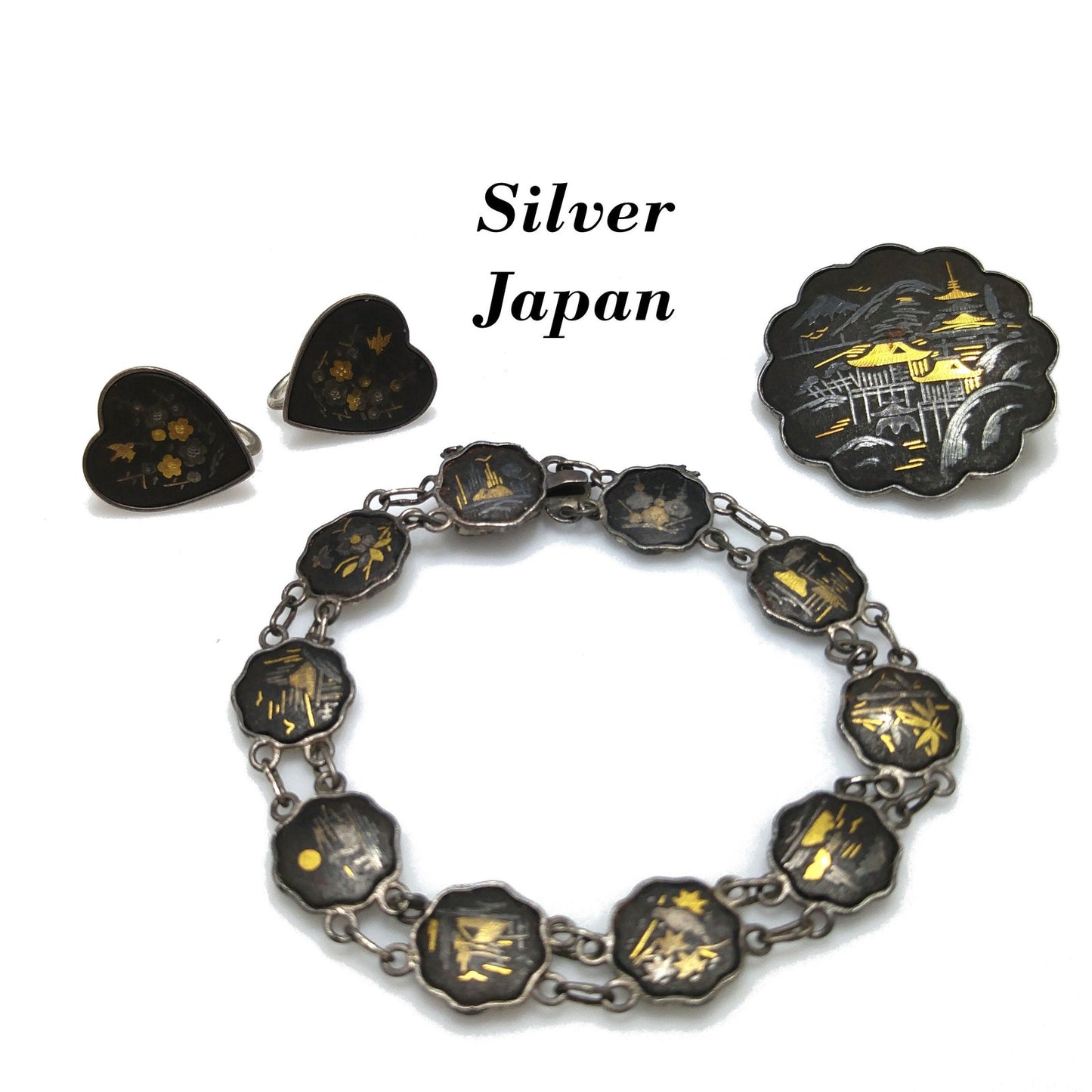 Japanese Damascene Silver Jewelry, Bracelet Brooch Earrings, 1940s Vintage Jewelry