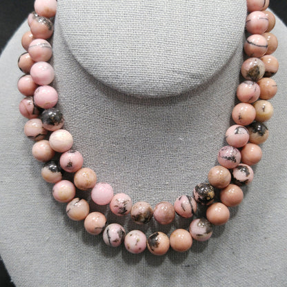 Pink Black Gemstone Beaded Necklace, Rhodonite 10mm Beads, 1970s Vintage Jewelry