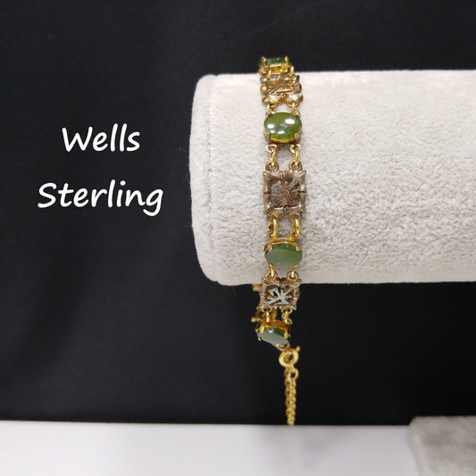Wells Sterling Chrysoprase Gemstone Bracelet, Mid Century Vintage Asian Bracelet