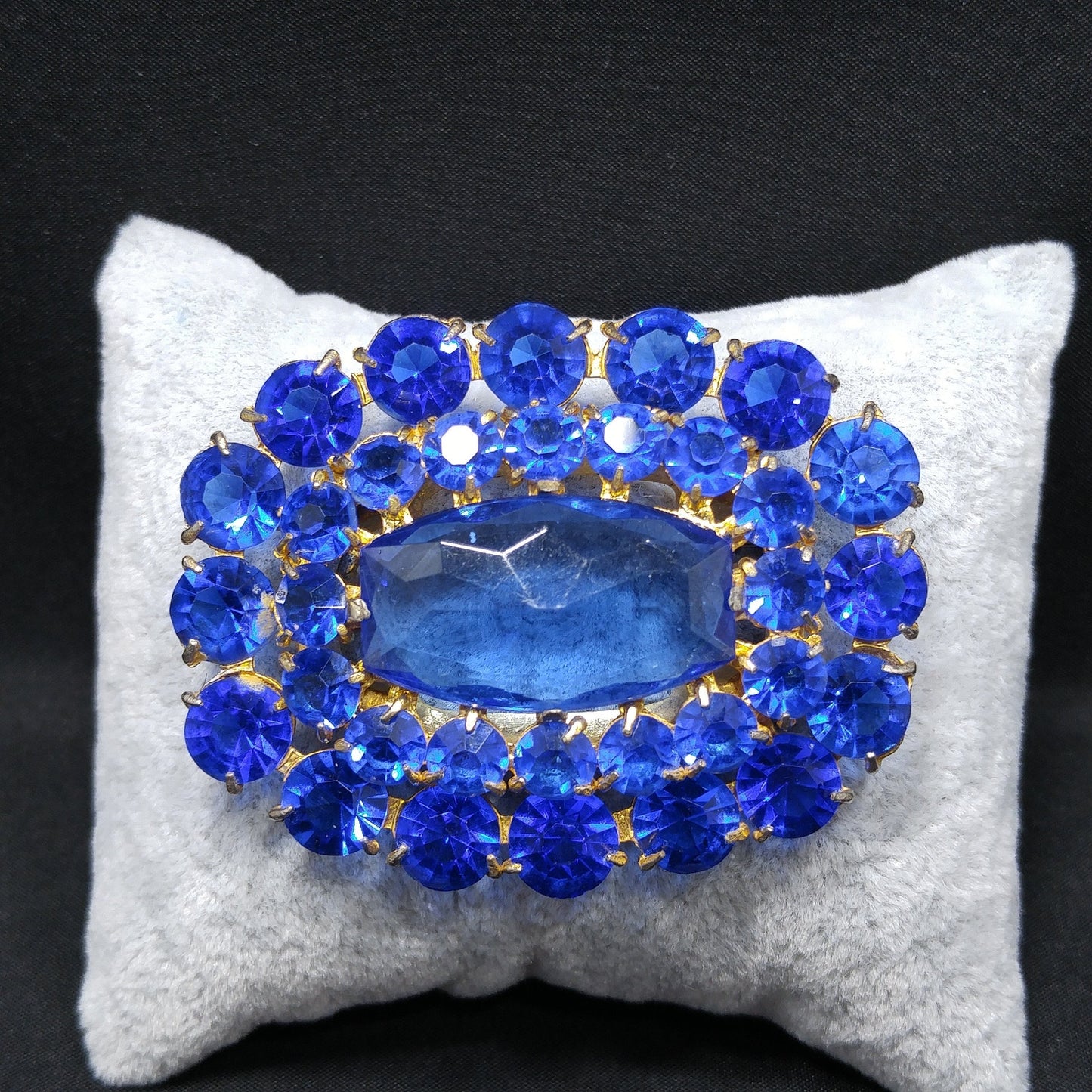Cobalt Blue Glass Rhinestone Brooch, Large Center Blue Stone, 1940s Vintage Jewelry
