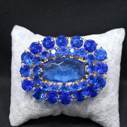 Cobalt Blue Glass Rhinestone Brooch, Large Center Blue Stone, 1940s Vintage Jewelry