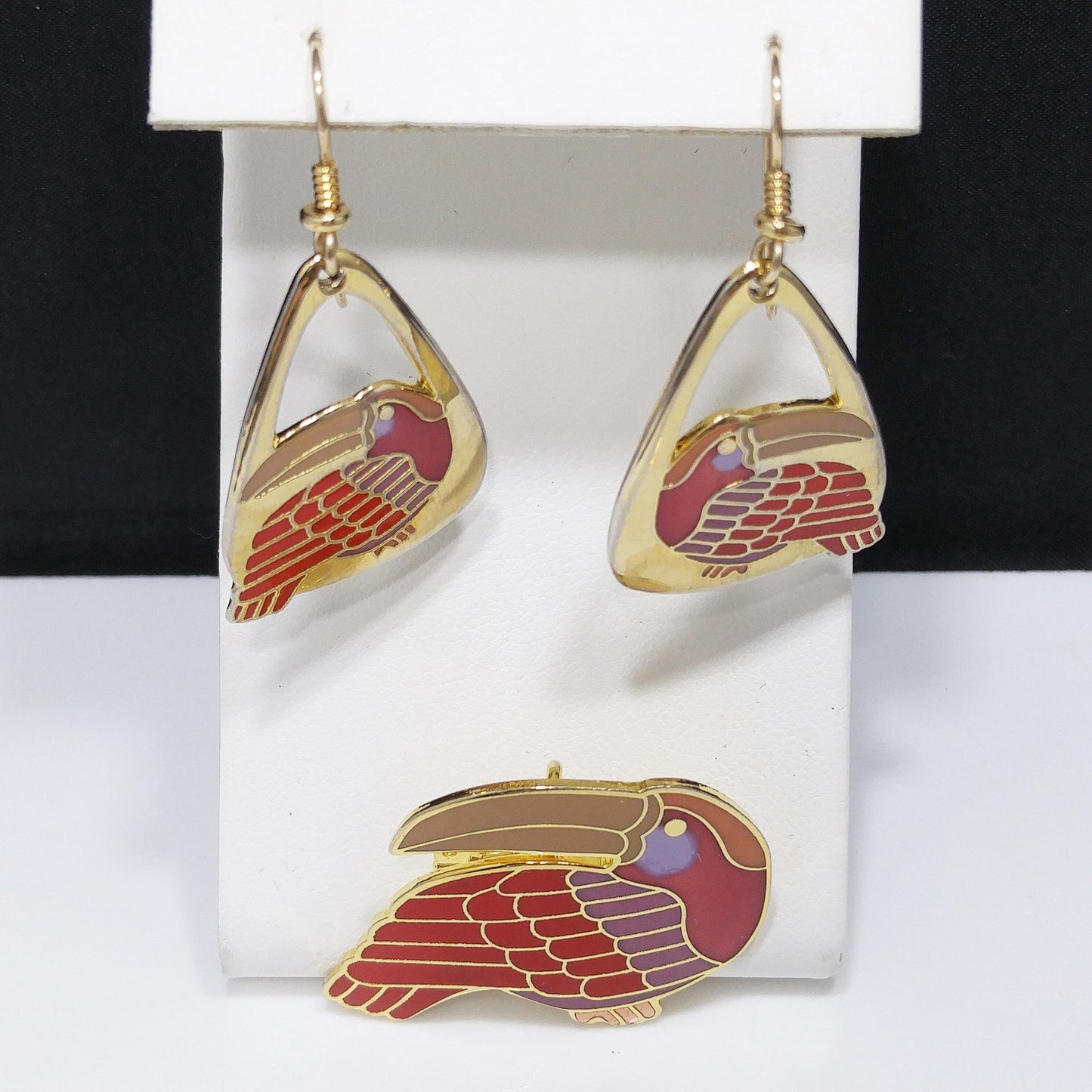 Vintage Laurel Burch Red Toucan Brooch Pendant & Earrings, Gold Plated, 1980s