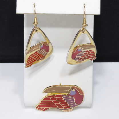 Vintage Laurel Burch Red Toucan Brooch Pendant & Earrings, Gold Plated, 1980s