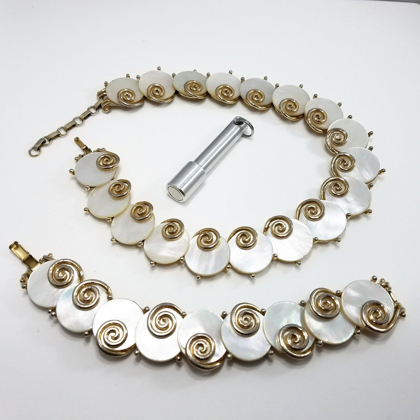 Boucher MOP Disk Necklace & Bracelet, Mother of Pearl, 1950s Vintage Jewelry
