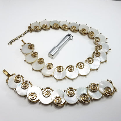 Boucher MOP Disk Necklace & Bracelet, Mother of Pearl, 1950s Vintage Jewelry