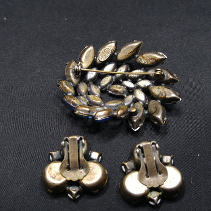 Regency Blue Rhinestone Brooch Earrings Set, 1950s Vintage Jewelry