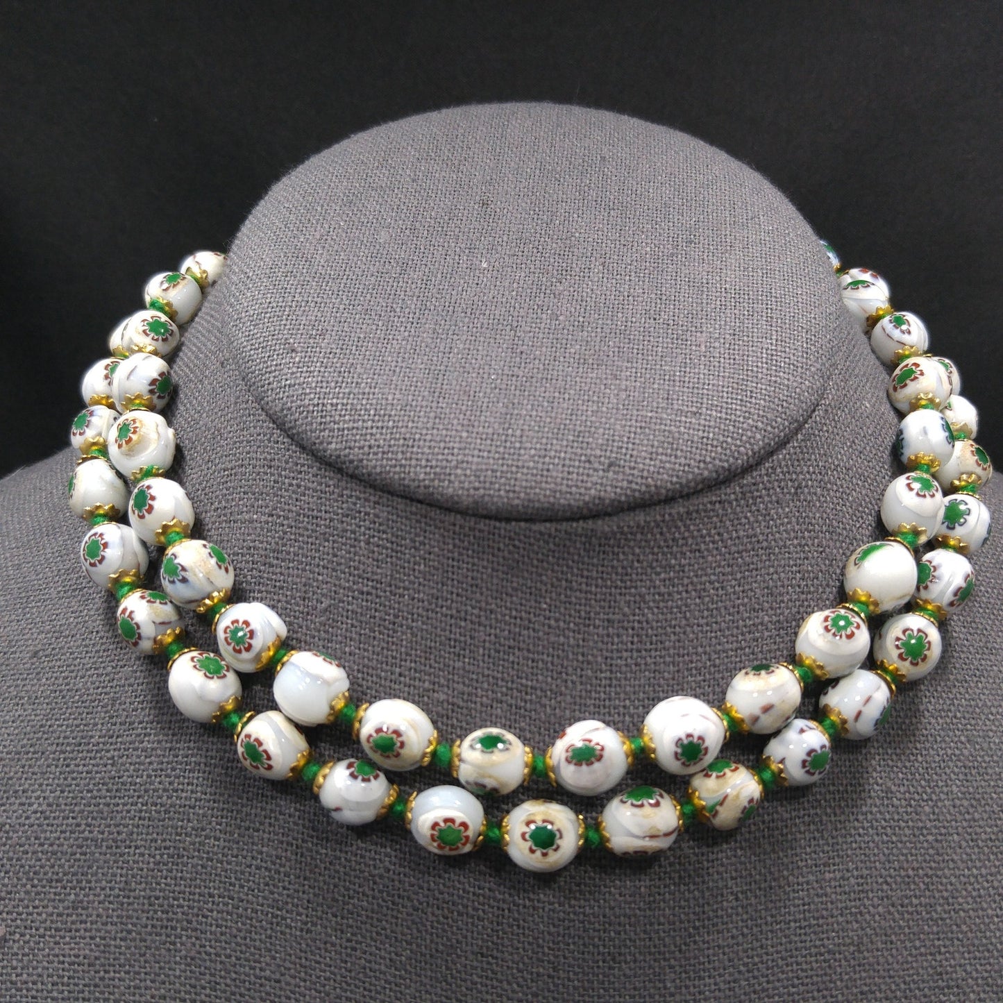 Vintage 1960s Hand Painted Floral Beaded Necklace – Green & Red Flowers – 28 In