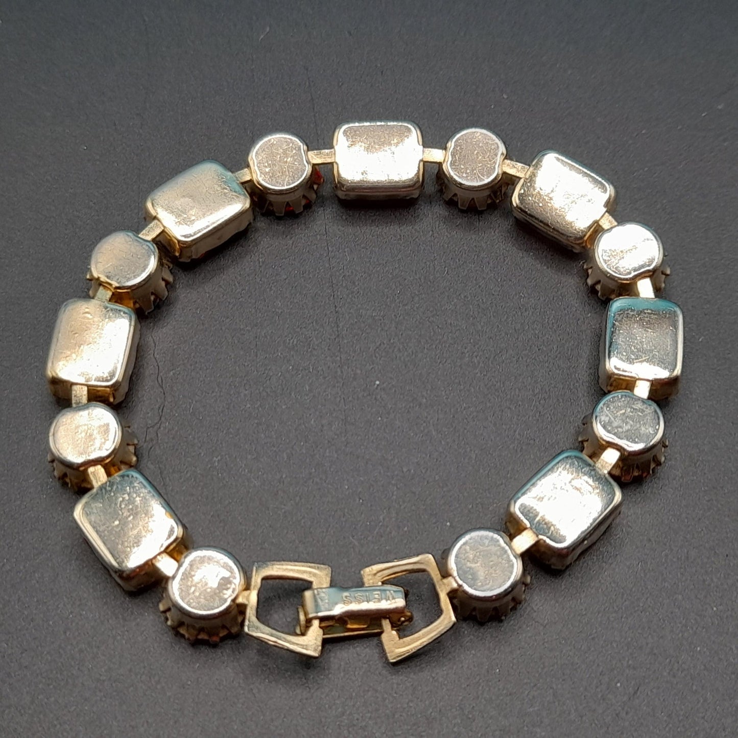 Weiss Red and Aurora Borealis Rhinestone Bracelet – 1960s Gold Tone Vintage Jewelry