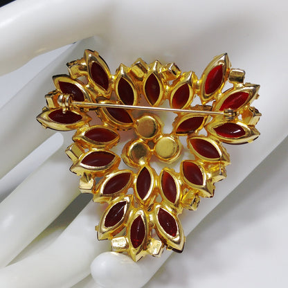 Red Art Glass & Rhinestone Brooch, Gold Plated, Juliana Style, 1960s Vintage Jewelry