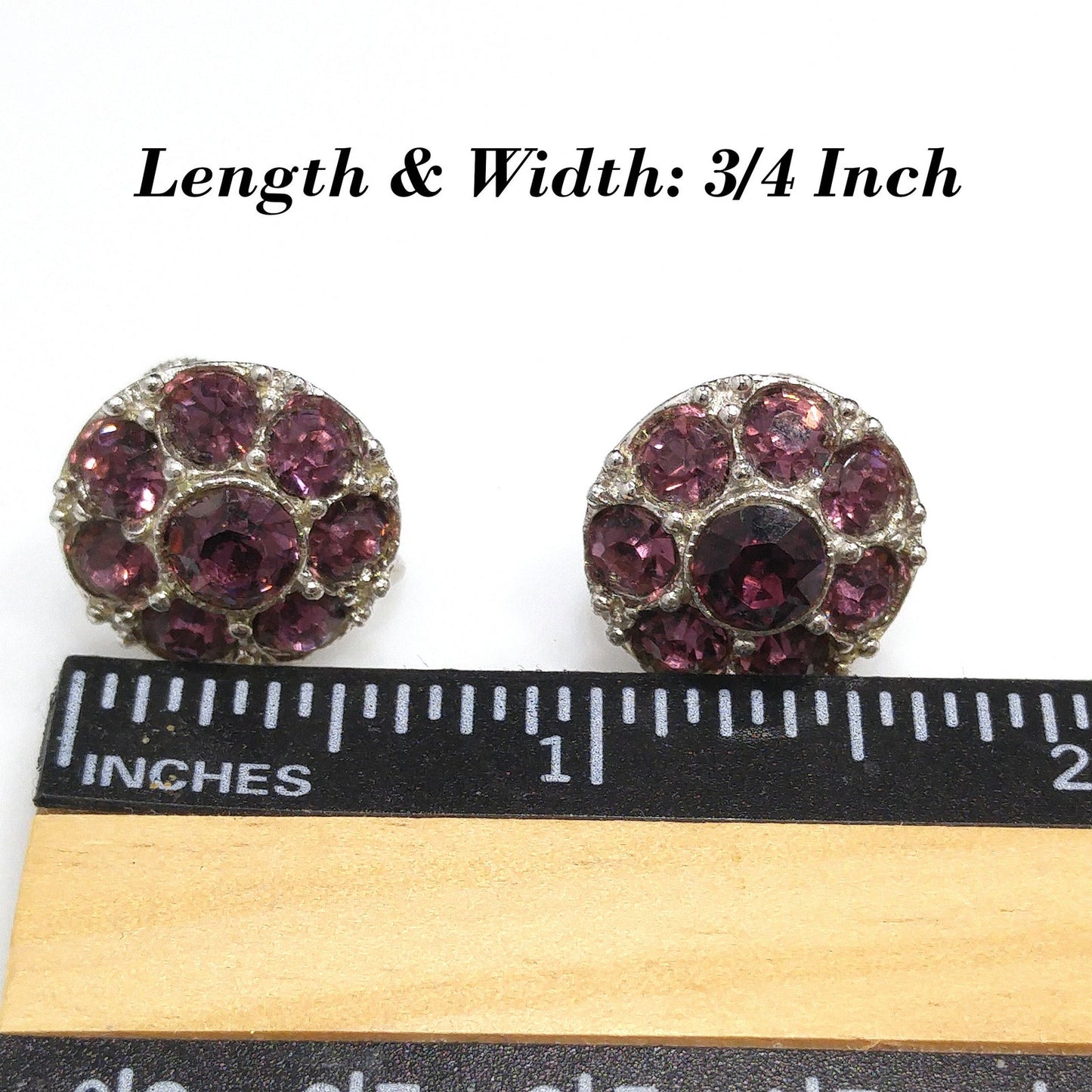 Bogoff Purple Rhinestone Screw Back Earrings, Rhodium Plated, 1940s Vintage Jewelry