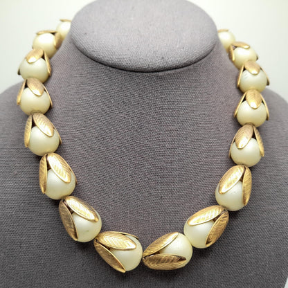 Lenora Dame Faux Pearl Necklace, Gold Tone Leaf Caps, Vintage Jewelry