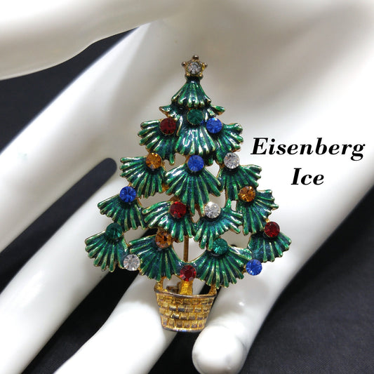 Eisenberg Ice Christmas Tree Brooch, Enamel Leaves, Rhinestones, 1970s Vintage