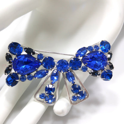 Weiss Blue Rhinestone Bow Brooch, Rhodium Plated, 1960s Vintage Jewelry