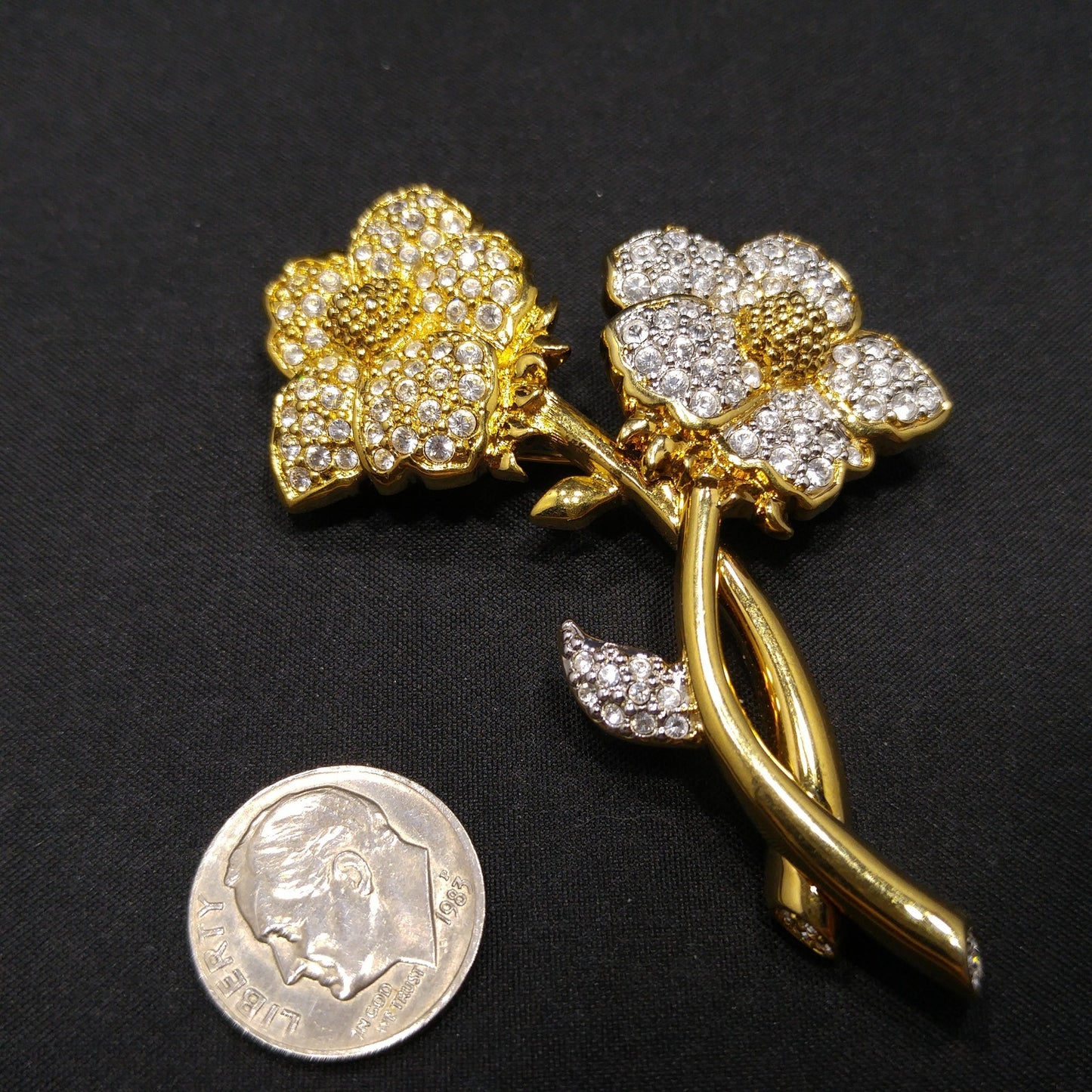 Vintage Swarovski Year 2000 Two Flower Brooch – Gold Plated with Clear Rhinestones