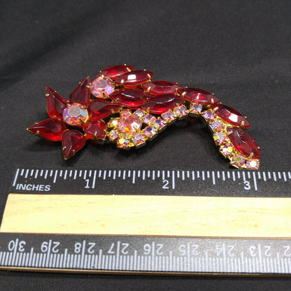 Red Rhinestone Floral Brooch, Juliana Style, 1960s Vintage Jewelry