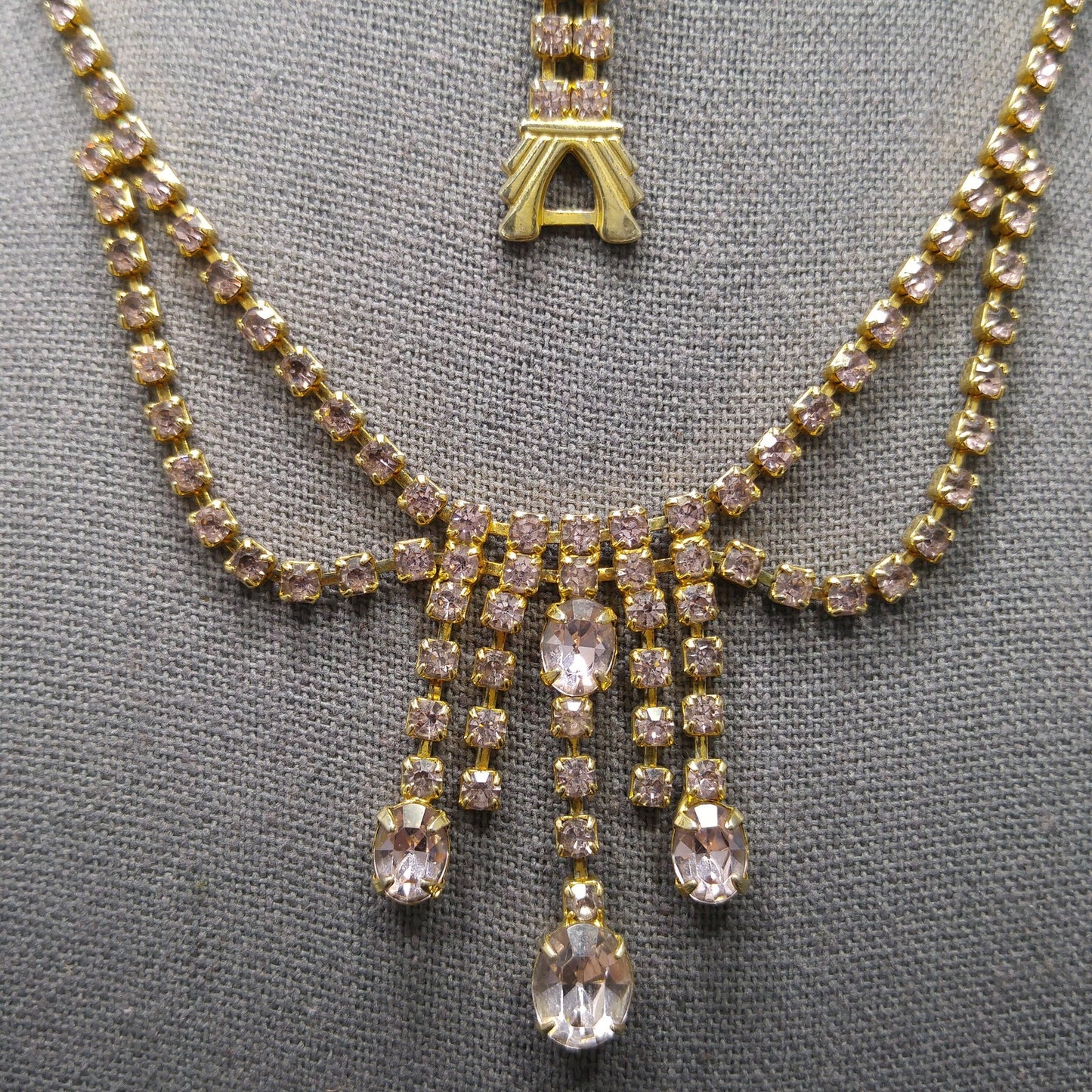 Vintage Lavender Rhinestone Festoon Necklace Bracelet Set, Gold Plated, 1950s Vintage Jewelry