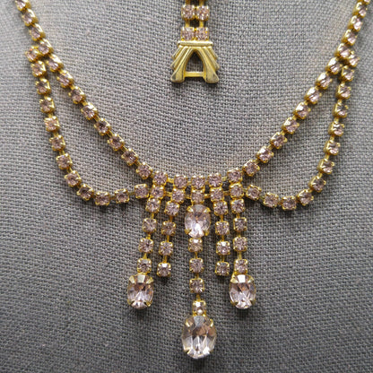 Vintage Lavender Rhinestone Festoon Necklace Bracelet Set, Gold Plated, 1950s Vintage Jewelry