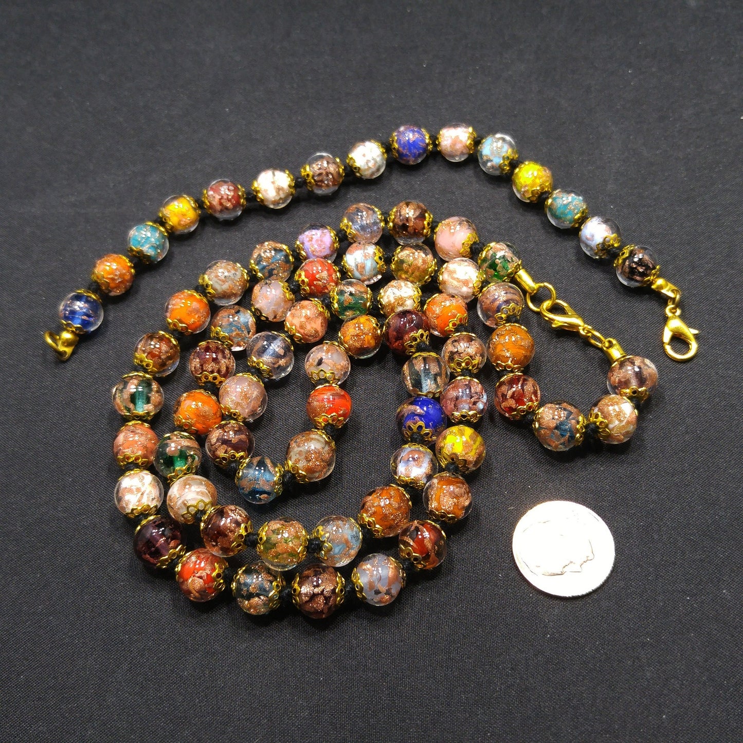 Venetian Goldstone Bohemian Necklace & Bracelet, Hand Knotted Black Thread, Vintage Jewelry
