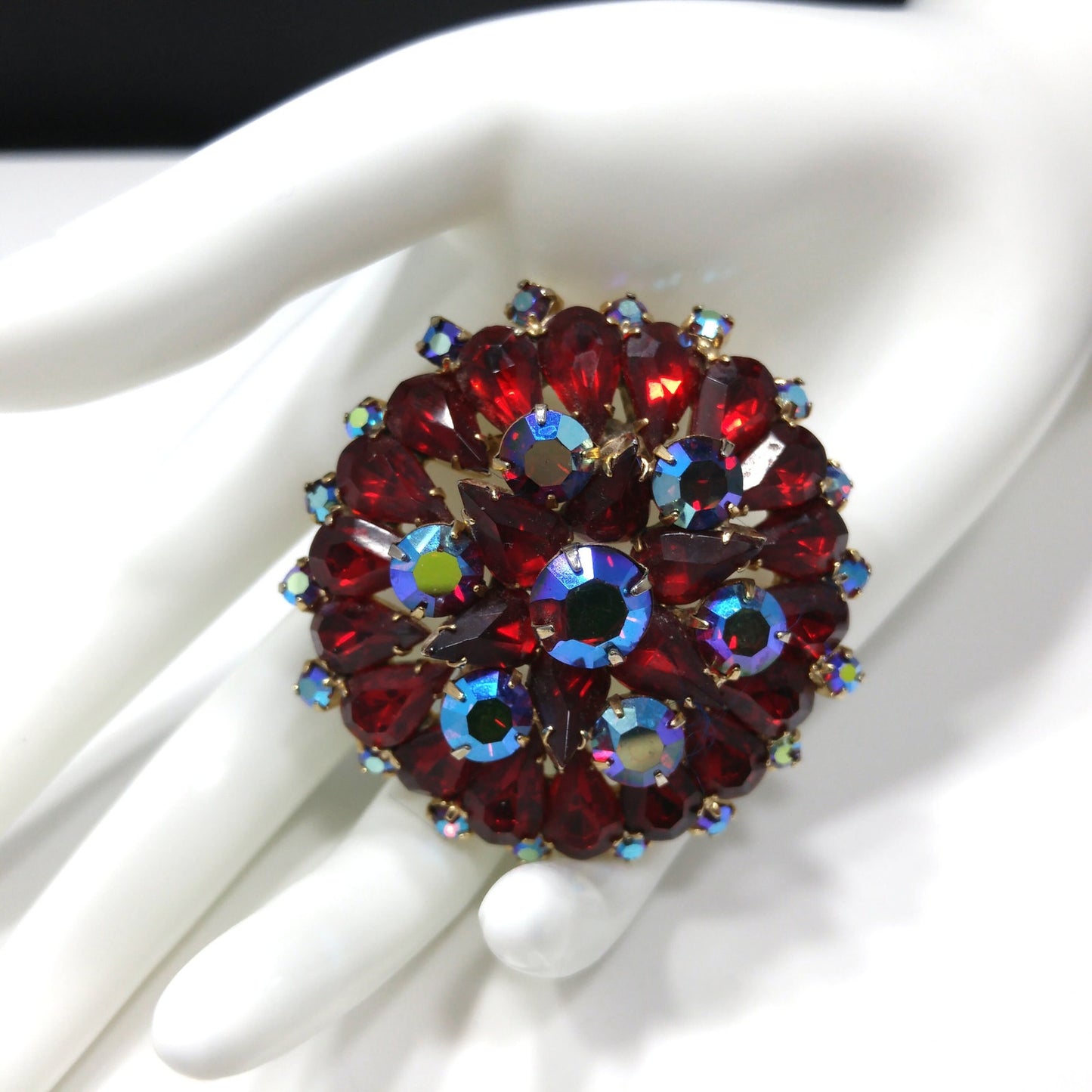 Ruby Red Rhinestone Brooch, Aurora Borealis, Gold Plated, 1960s Vintage Jewelry