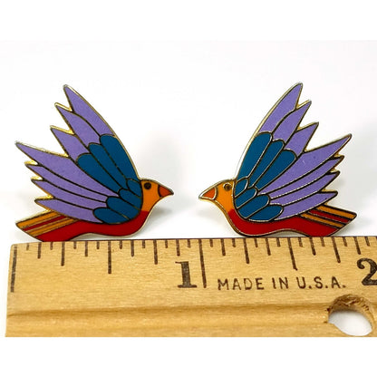 Laurel Burch "Celeste" Bird Earrings, Gold Plated Cloisonne Enamel, 1980s